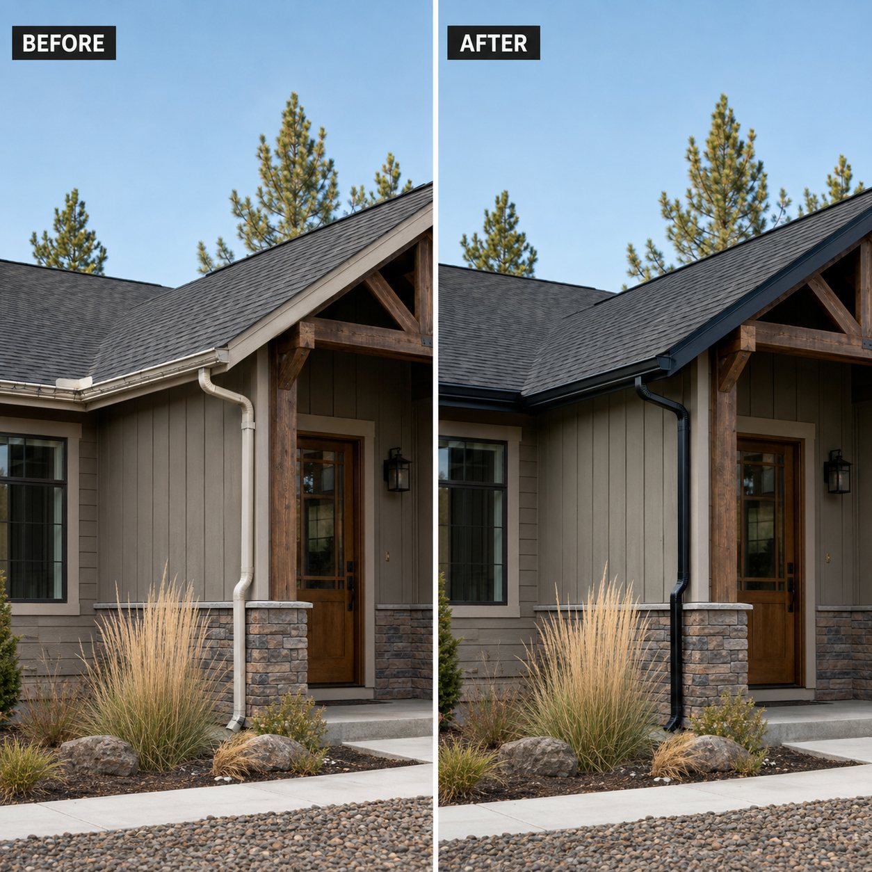Before and after gutter installation on a craftsman porch in Central Oregon: white round downspout replaced with black seamless gutter and downspout