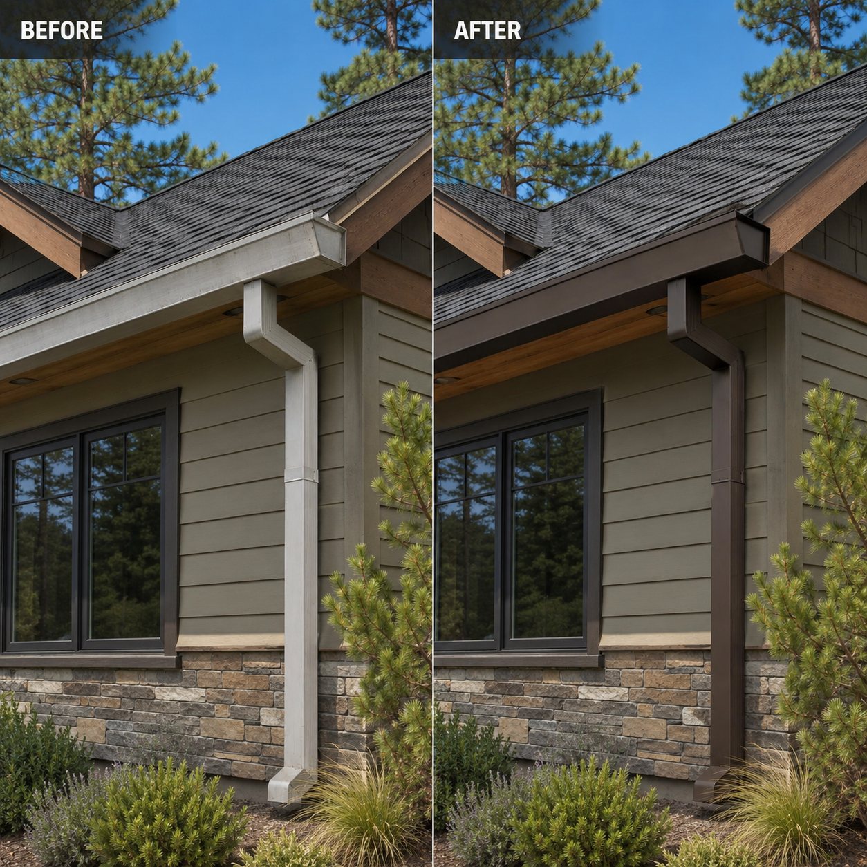 Close-up before and after of an eave and downspout on a Central Oregon home, weathered gutter replaced with bronze seamless gutter