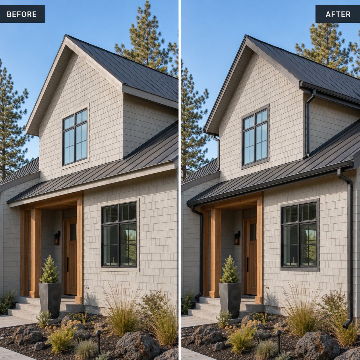 Before and after gutter installation on a Central Oregon farmhouse gable: bare fascia fitted with black seamless gutters and downspouts