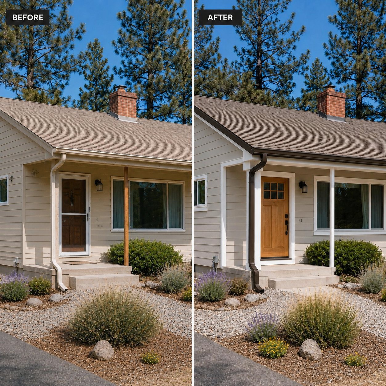 Before and after gutter installation on a Bend, Oregon ranch home: aging white gutters replaced with dark bronze seamless gutters and downspout